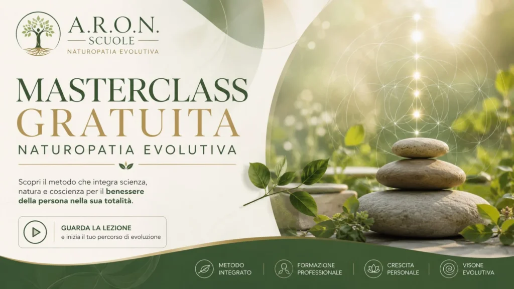 Masterclass gratuita di Naturopatia Evolutiva delle Scuole A.R.O.N. con elementi naturali, metodo integrato e visione olistica