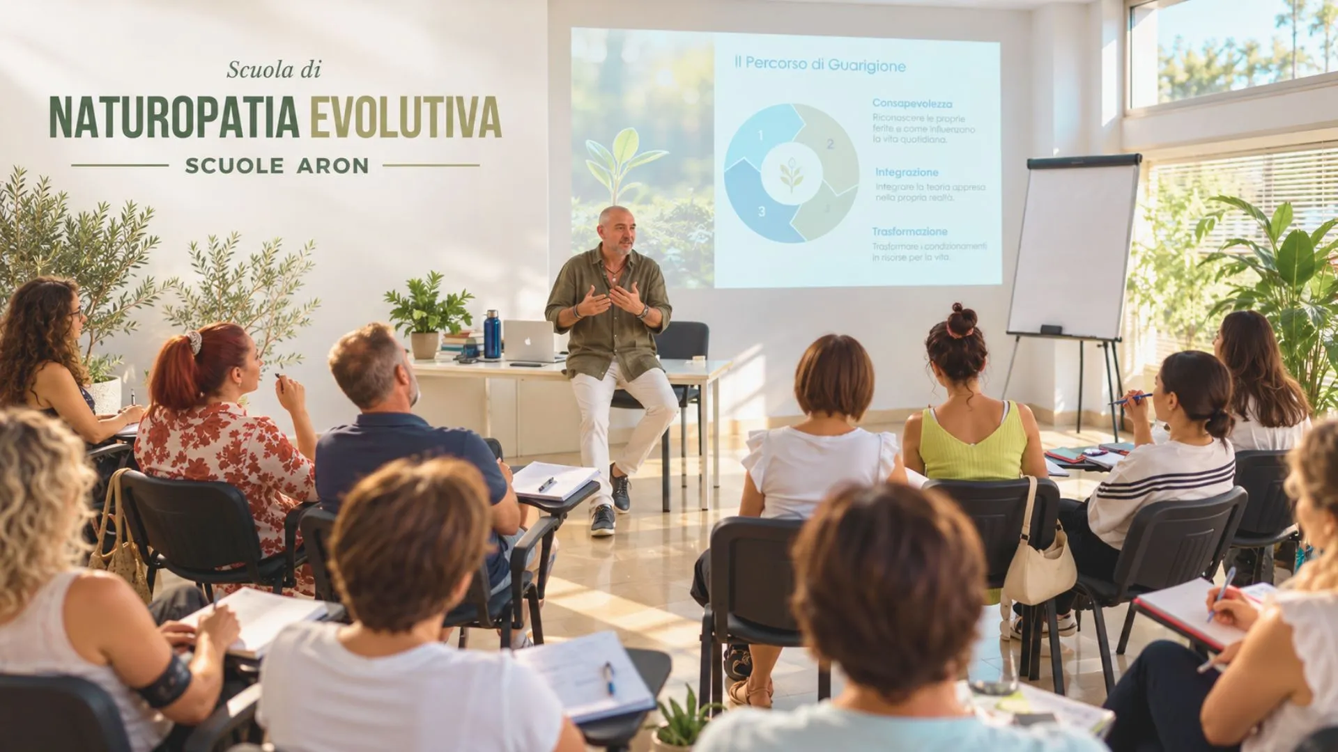 Natale Petti durante una lezione in aula della Scuola di Naturopatia Evolutiva, percorso formativo Educatore al Benessere delle Scuole A.R.O.N.